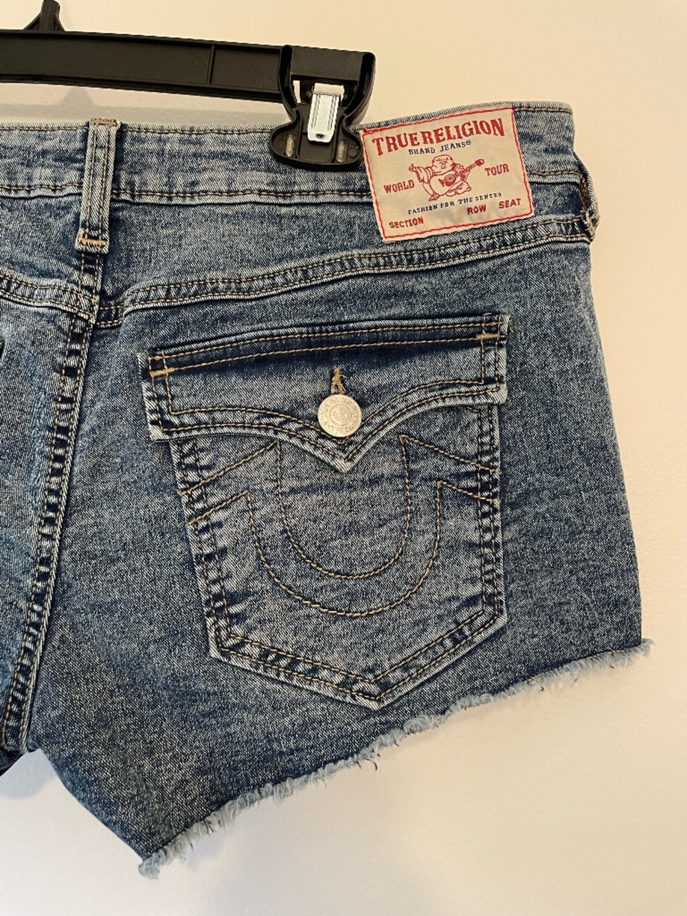 Y2K True Religion Joey Cut-Off low-rise blue acid wash denim shorts size 30
